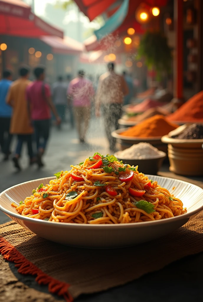 (photorealism:1.2), INDIAN STYLE STREET CHOWMIN WITH PLAN GROUND CHOWMIN SHOULD BE IN CUTLERY MORE OPTION BACK GROUD SHOULD BE PLAN