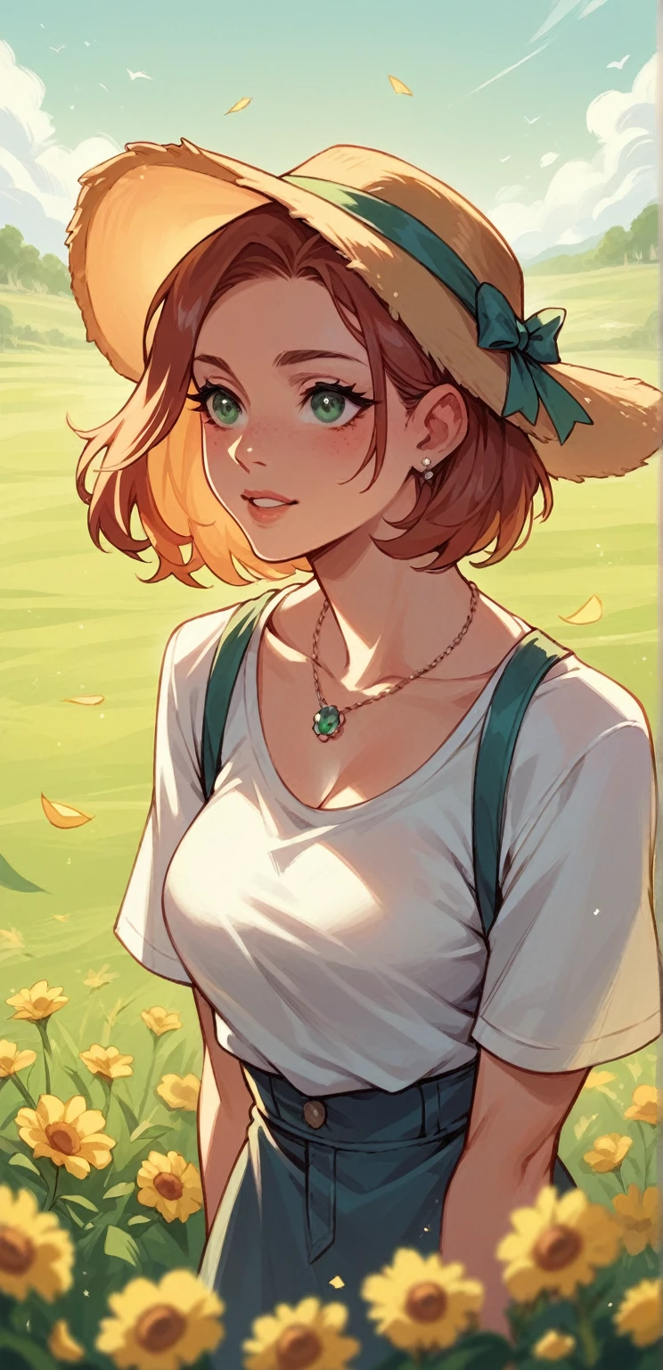 A beautiful girl playing in the daisy field