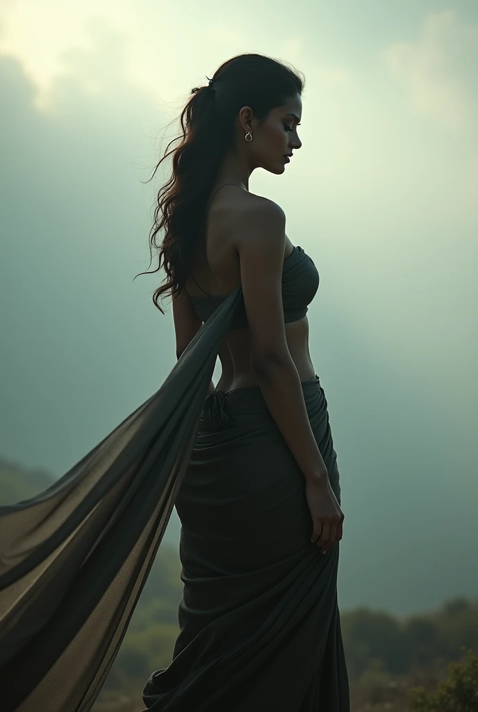 Kriti sanon in saree, cloud, no sunlight, no shining, showing hips, hot pose, no lose hair, pinned hair, noises, raw photo, bra