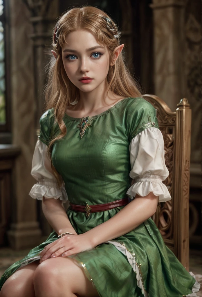 Princes Zelda, blue eyes, (best qualityer, ultra detail), (realisitic:1.37), beautiful and detailed face, ultra-realisitic texture, Exquisite face, Delicate body, red lipgloss stick, shiny colors. High definition, 8k, serious and angry expression