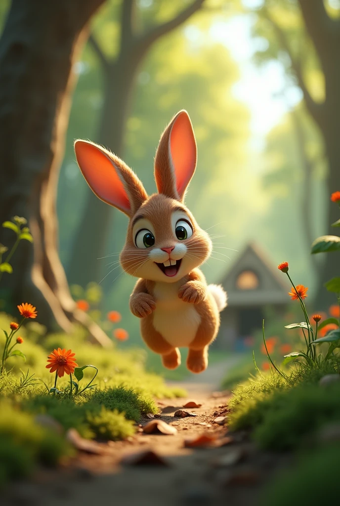 In 3d animation style,"The rabbit dashing out of the forest, with the trees thinning out in the background. The rabbit's home, a cozy burrow, is visible in the distance as it races towards safety.