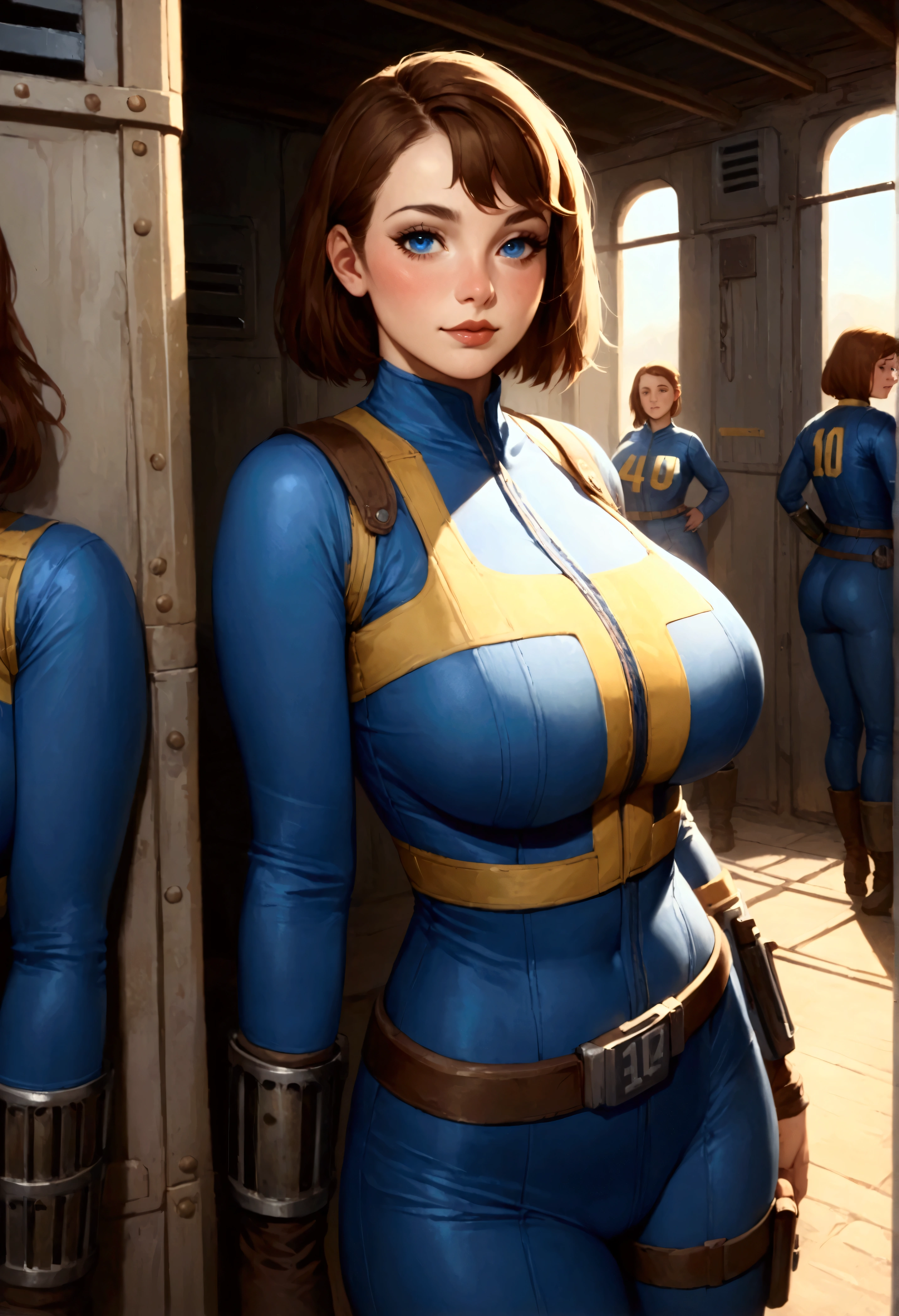 detailed illustration, (front view), (side view),dynamic angle, ultra-detailed, illustration, clean line art, shading, anime, detailed eyes, detailed face, beautiful face, dramatic lighting, detailed illustration, dynamic angle, ultra-detailed, illustration, (multiple woman: 1.8), masterpiece, masterwork, beautiful,
score_9, score_8_up, , female, score_9, score_8_up, score_7_up, score_6_up, score_5_up, score_4_up, BREAK, multiple women, big breasts, breasts, score_9, score_8_up, score_7_up, vault_girl, cute face, pip boy, bangs, body suit, happy, vault tec, tight fitting suit, deep cleavage, (in a fallout shelter: 1.8), fallout vault, vault, fallout shelter, cowboy shot, multiple women in shot, women friendly with each other, women flirting, inside, windowless, 4 women, in a common room. (Looking at viewer), (different looking women), (milfs: 2.0)
