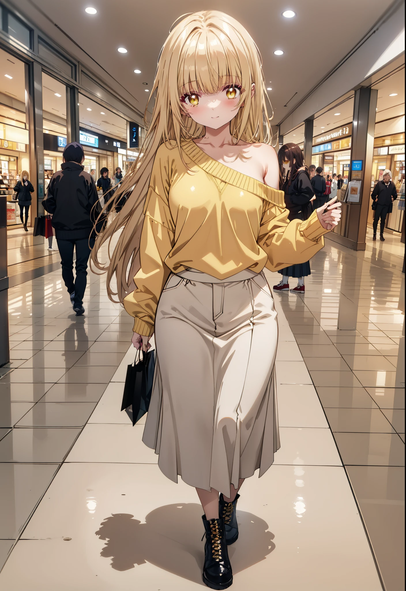 mahirushiina, mahiru shiina, Long Hair, bangs, Blonde, Brown Hair, (Yellow Eyes:1.3), smile,One-shoulder sweater,Long skirt,Black pantyhose,short boots,Walking,whole bodyがイラストに入るように,
break indoors, Shopping mall,
break looking at viewer, whole body,
break (masterpiece:1.2), Highest quality, High resolution, unity 8k wallpaper, (figure:0.8), (Beautiful attention to detail:1.6), Highly detailed face, Perfect lighting, Highly detailed CG, (Perfect hands, Perfect Anatomy),