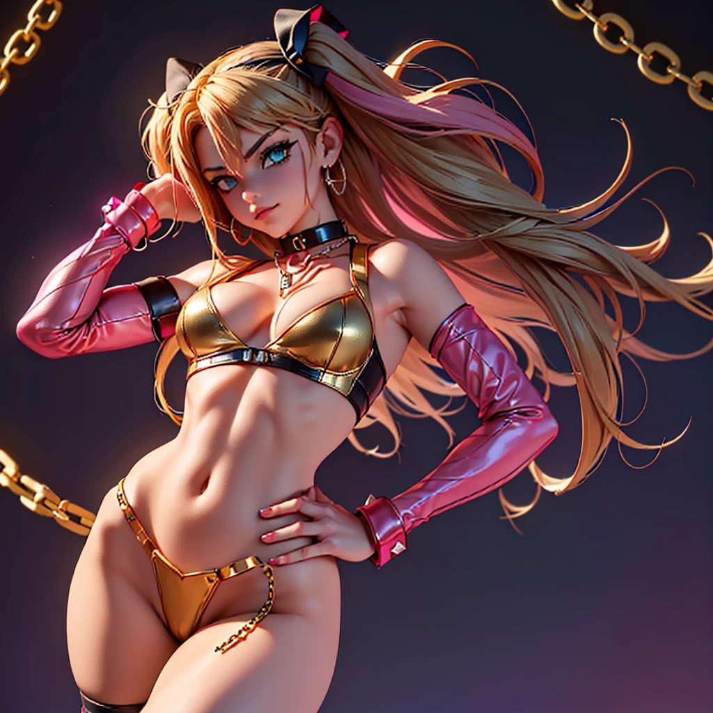 ((1 girl, standing alone , far away, Messy hair, hair green, yellow  eyes, hair covering one eye, Woman, (one hand on the hip) , dynamic pose, muscular female, gold bracelets, ruby earrings)), Fitness, ((standing alone)), (pink lipstick), extremely detaild, soft ambient lighting, 4K, perfects eyes, a perfect face, perfect lighting), ((metalhead Woman, Punk Girl, balance Woman, gazing at viewer, ((pink micro blouse with chains and a sensual neckline)),smug 20-year-old smile, mine Black leather jacket open with spikes and long sleeves with exposed shoulders, open tummy, latex pants highlighting her swollen pussy with lust, well drawn and well defined,  chains on clothes, chain belt in suspender style, high qualiy, 4K, High definition, bom detalhe, Small bust, balance,))
