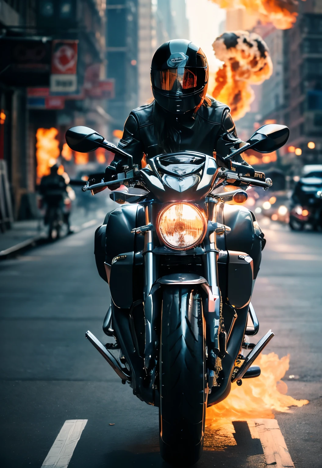 Woman 25 years old, style ghost photographer, supernatural anti-hero character in comics published by Marvel Comics, 出现one个燃烧的骷髅头, The motorcycle she's riding is also on fire, Tight leather jacket, whole body, (Burning Motorcycle: 1.5) , ((best quality)), ((Selected: 1.4)) Super Resolution, Movie Lighting, (New York: 1.3), Surreal, . ....Raw, (realism: 1.5), (realism: 1.4), (absurd: 1.4), 8K, ultra-detailed, detailed, (one: 1.4), (Viewer: 1.3), HD4