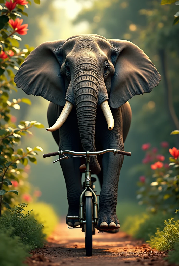 a realistic elephant riding a small bicycle, highly detailed, photorealistic, 8k, masterpiece, intricate details, beautiful colors, dramatic lighting, cinematic angle, ultra-detailed textures, lush environment, stunning realism, powerful presence, whimsical scene, vibrant palette, sharp focus, physically-based rendering