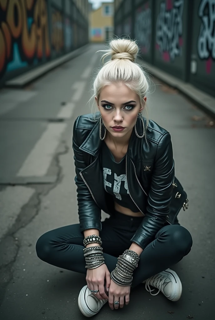 russian milf woman, biker gang member, platinum blonde hair (straight, middle part) with bandana headband, with very light blue eyes, extremely pale, heavy eye shadows. Sad face, smeared excessive make up and lipstick Wearing black moto jacket, cropped rock band t-shirt, skinny black jeans and white tennis sneakers . Lots of metallic bracelets and crucifix pendants. Tacky leather belt with oversized, excessive silver buckle. Hands in prayer. Wide loop earrings. Looks up like talking to God, mouth and eyes open