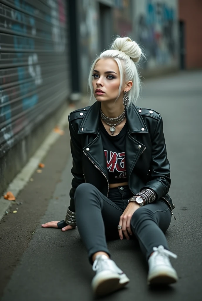 russian milf, platinum blonde hair in top bun ,with very light blue eyes, pale, heavy eye shadows. Sad face, big eyes, smeared make up. Wearing black moto jacket, cropped metal band t-shirt, black skinny jeans and white tennis sneakers. Lots of metallic braceles and collars. Tattoed. Tacky leather belt with oversized buckle. Wide loop earrings. Scared face. Sitting  on the ground. Seen from behind