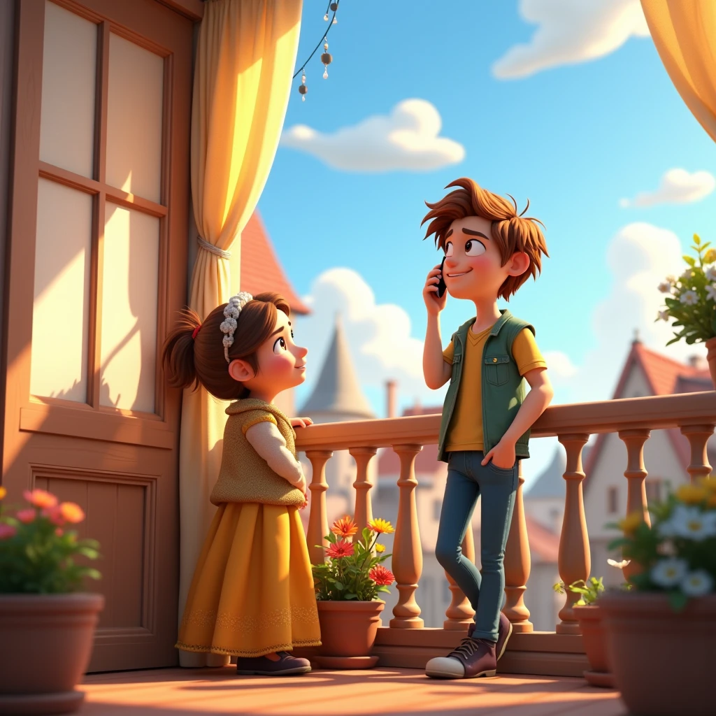 Create a cute, realstic 3d animated-style image featuring The window should show a view of the outside with soft sunlight streaming in. On the right side,  so far opposite home Flynn Rider also  speaking his mobile should be on a home balcony, leaning on the railing, with a relaxed expression as he talks on his phone, looking up at fluffy clouds in the sky. The background should show a calm, serene scene with a few trees or rooftops visible. The image should convey a sense of connection and warmth between the two characters, despite being in different locations."