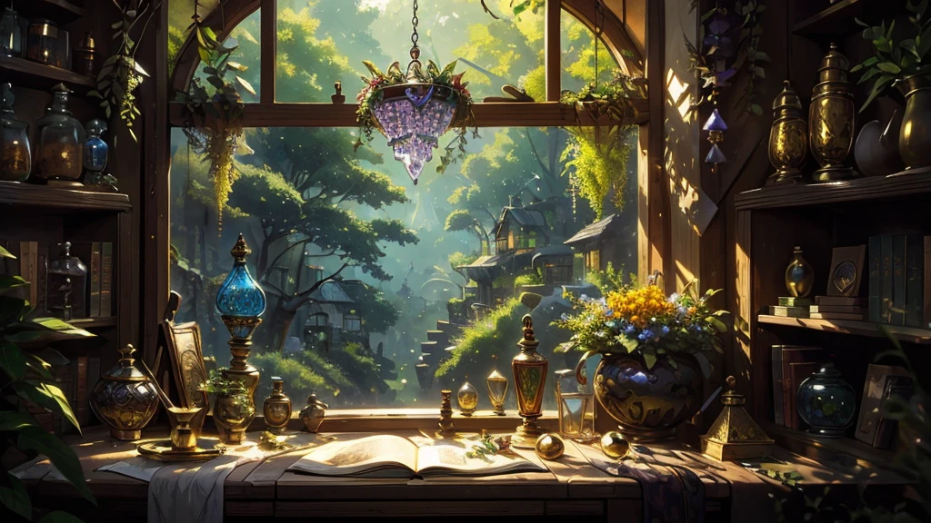 (masterpiece)),((Highest quality)),((High Detail)),nobody,background, fantasy, large pot, crystal, broom, A bottle containing jewels, Bookshelf, Herbs, Outside the window is a forest, Portion, Vision, Glass beads, vase