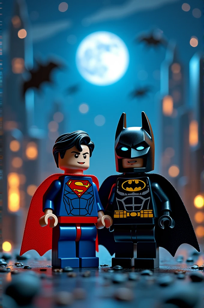 Superman and Batman in lego art, night