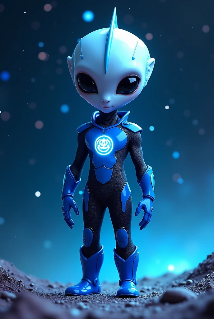 1man, slender, alien, small head, white skin, black eyes, long head fin, noseless, blue suit with black accents, blue boots, blue lantern logo, blue aura, space background