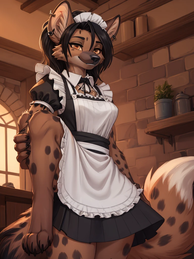  a couple (1 hyena girl, 1 fox boy), female anthro furry hyena girl, black hair, hyena spots, black hands and feet, brown eyes, high definition_detail:1, showing off her beautiful figure and her outfit. (Maid navel blouse, maid mini skirt)sweaty body add_details:1, smiling add_detailsl:1, ear piercing add_detail:1, beautiful and detaileds hands, fullbody, sensual pose, couple having sex (1 hyena girl, 1 foxboy), pov doggystyle standing