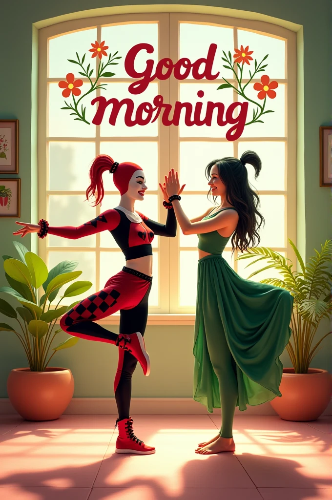 Harley Quinn and Ivy are doing yoga and in the background the text "Good morning"..