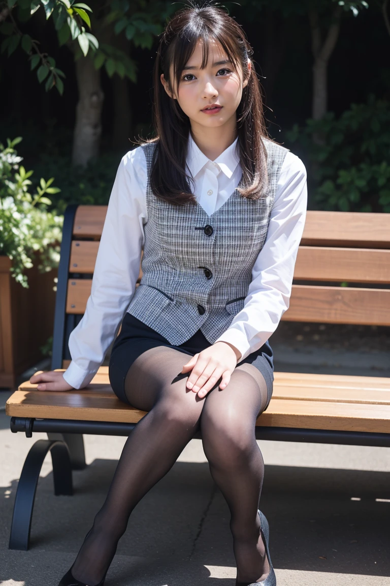 Urzan-6500-v1.1, (RAW Photos:1.2), (Realistic), (Genuine:1.4), 1、Perfect Anatomy、42 years old、Looking into the camera、Medium Long Hair、Plaid vest、((Sit on a bench:1.3))、(Ultra-realistic pantyhose:1.2), (High heels)、(Business services)、