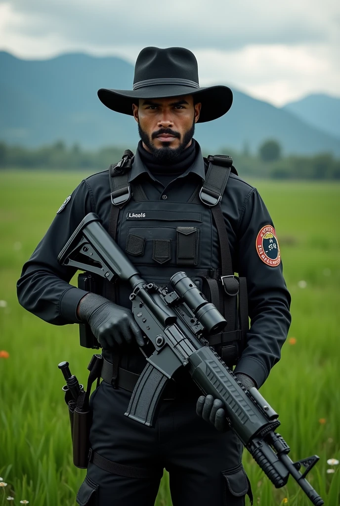 A male soldier in black clothes holding a weapon and the treasurer of the Free Aceh Movement