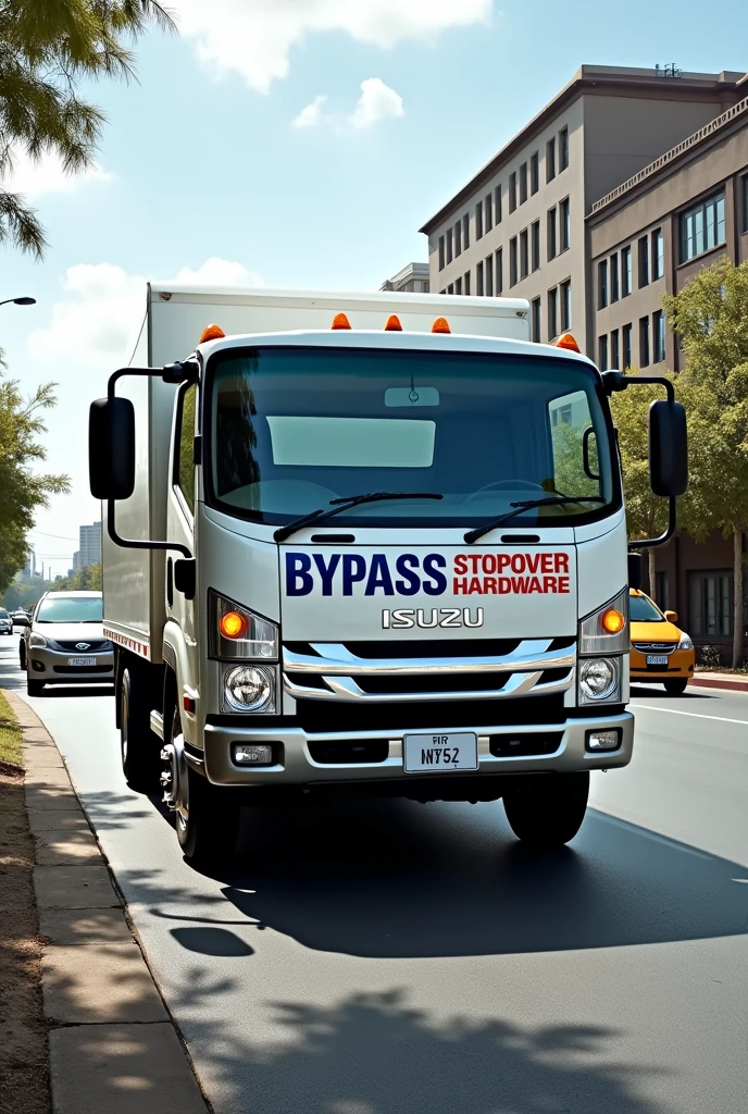 A white Isuzu frr truck written BYPASS STOPOVER HARDWARE in blue and Red on the side