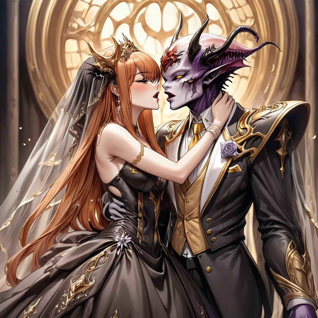 ((Highest quality)), ((masterpiece)), (detailed), (Perfect Face)、The woman is Maya Cordelia, the Demon Queen, with orange semi-long hair. She is wearing a luxurious black vintage wedding dress with gold embroidery and trim, along with a black wedding veil. She is also adorned with luxurious earrings and an engagement ring, completing her look with opulent accessories.、The woman is passionately embracing Beelzebub, the demonic lord of flies, with a deep and passionate oath-filled kiss, loving him and celebrating their demonic wedding.、The woman became the wife of Beelzebub, the Lord of Flies, and as the Fly Queen, became the companion of the Lord of Flies, spending her life with him.、The woman deeply loves her husband, Beelzebub, the great Lord of Flies, the Devil of Flies.、The man is Beelzebub, the dignified, strong Lord of Flies, the Demon King of the Demon Race, a Great Demon of monstrous form.