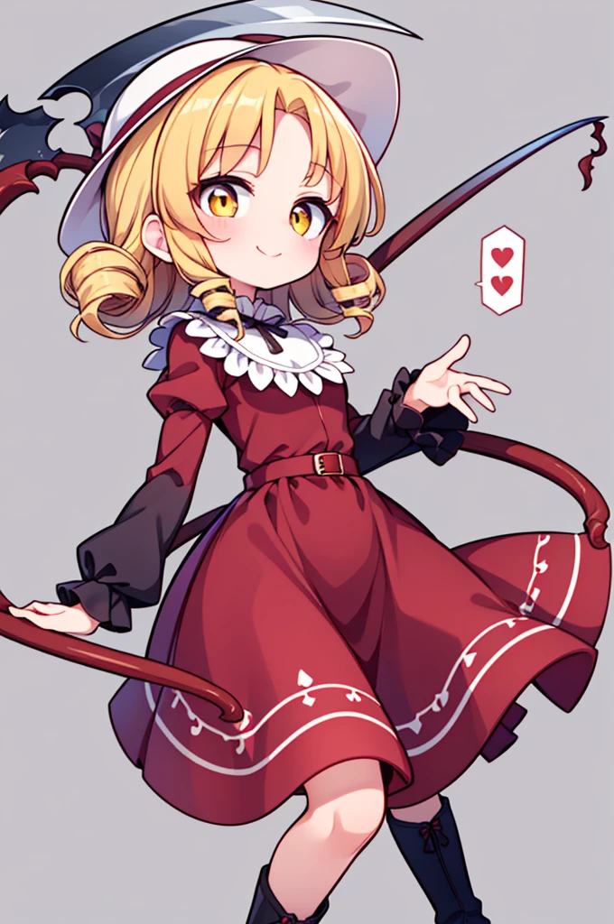 a drawing of an anime character in a red dress and boots with a large scythe, ((high end)), (UHD picture), (best quality,4k,8k,highres,masterpiece:1.2), top-quality(​masterpiece), top-quality, ultra-detailed, highly detailed texture, intricate details, high quality textures, masterpiece, best quality, perfect quality, perfect anatomy, perfect body, perfect symmetrical face, perfect hands, perfect feet, (two arms:1.2), (two legs:1.2), (five fingers each:1.2), (perfect joint:1.2), perfect joint movement, precise fingers and hands, 1 beautiful girl, 1 girl, alone, solo, , 10 years old, (((****))), ((childish)), hat, white hat, blonde hair, long hair, parted bangs, drill hair, well-formed face, yellow eyes, maxi dress, red dress, dress, long sleeves, frills, long skirt, simple background, scythe, holding scythe, holding, white socks, smile, cute face, beautiful, holding scythe