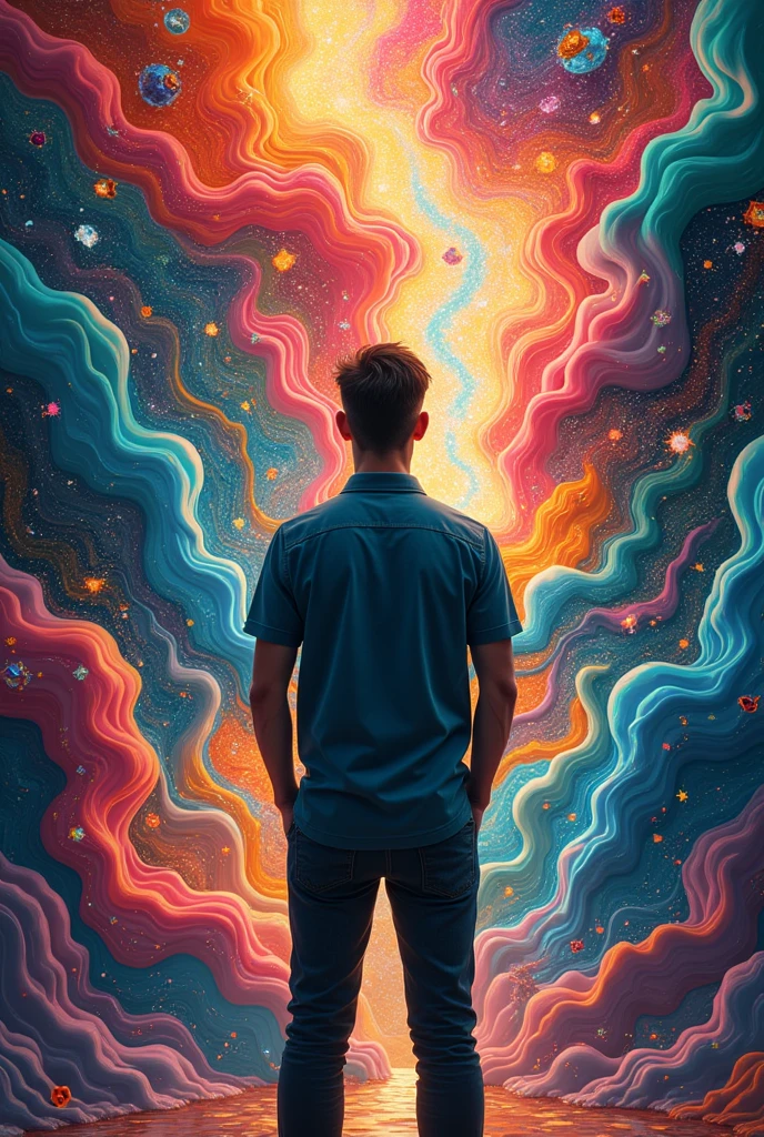 (((top quality, 8k, masterpiece))), **A male person with 155mm short hair surrounded by AI-generated art. Full body- TAKEN FROM BEHIND --q 2 --s 155 --v 6.1 --style raw --ar 7:3** - (relaxed)