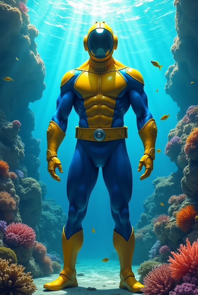 a water based super hero named submarine man, he wars a yellow and blue suit