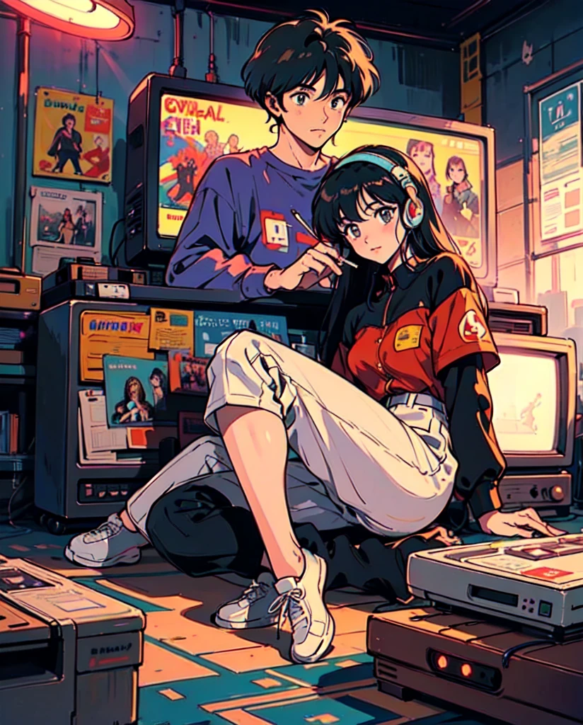 (masterpiece), Highest quality, Expressive eyes, Neon pastel aesthetics, Retro 90s, Neon color,((Girl sitting on sofa,In a cozy room,Records hanging on her wall, Comic books on the floor, Looking out the window behind her at the night city, Upholstered room, Anime figures lined up on a shelf)), Wearing headphones, (All around her it sparkles), (wearing thick colorful sneakers), (blue eyes), (Soft look), (Synthwave Art Style), Colorful Hair, Desk with PC set up