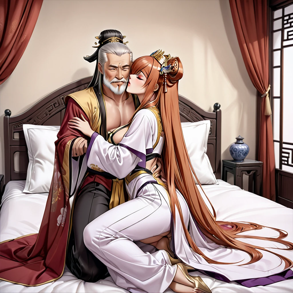 ((Highest quality)), ((masterpiece)), (detailed), (Perfect Face)、The woman is Maya Cordelia, an Empress of ancient China, with orange, semi-long hair. She is wearing a luxurious Hanfu costume fit for an ancient Chinese Empress, her hair styled in an ancient Chinese fashion and adorned with elaborate hair ornaments.、On a lavish bed in the bedroom of an ancient Chinese palace, a woman embraces and kisses the ancient Chinese emperor, engaging in procreative sex.、The man is a dignified, bearded old man, an ancient Chinese emperor