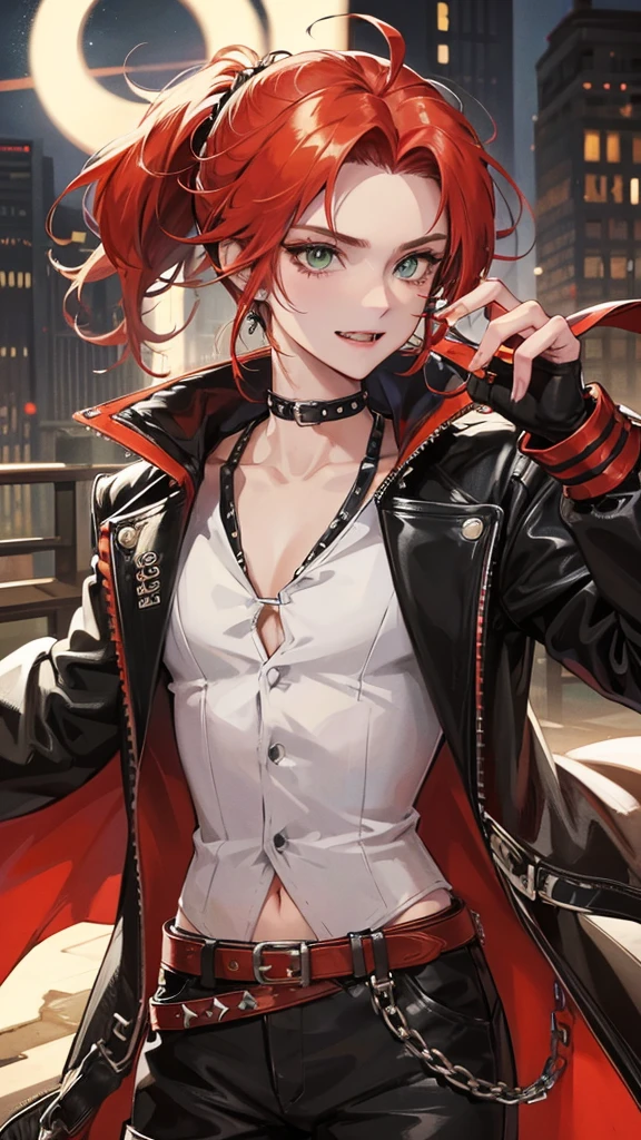 1 boy, anime, high quality, intricate details, futuristic setting, cowboy aesthetic, cropped leather jacket, spiked collar, gloves, messy hair, small ponytail, fangs, grinning, green eyes, earrings, androgynous, red hair, blonde streaks in hair, city setting, red bandana around neck, spiked belt, moles on face, cowboy hat, button-up shirt, lithe, hip straps, ombré hair