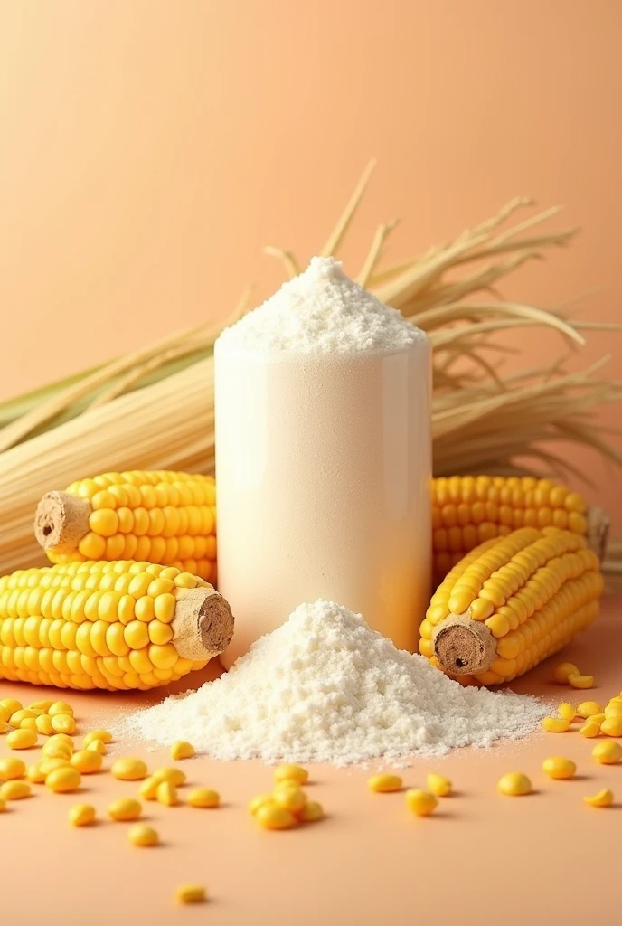 3d poster image for corn starch product , raw corn and seeds and background is in peachy