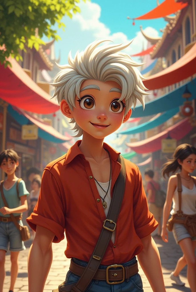 A twenty-year-old Asian male character, white hair, big eyes, agile, cheerful
