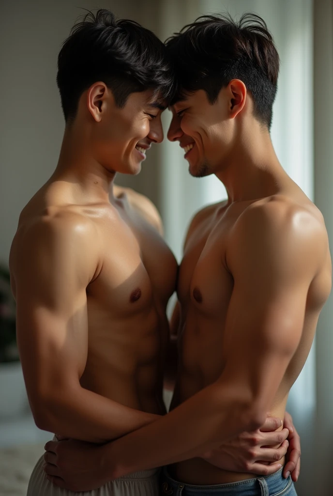 2 young Asian men , bare , hug and kiss , big penis, bareมีจู๋, fit , Has abs