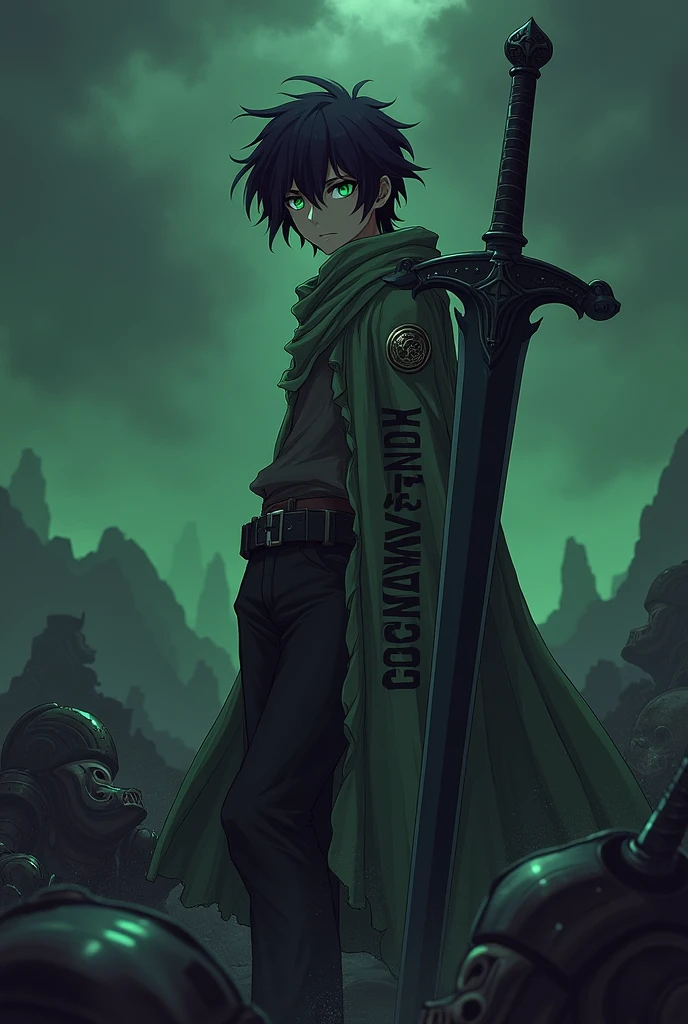 An anime boy leaning with his chin on a sword with the sword stuck to the ground and plenty dead bodies around and write bodily the words “vengeance seeker by tito” I repeat write the word’s vengeance seeker by Tito.  Please I said write the words on his side as a logo
