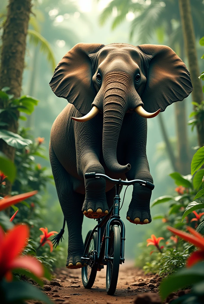 a realistic elephant riding a small bicycle, highly detailed, photorealistic, 8k, masterpiece, intricate details, beautiful colors, dramatic lighting, cinematic angle, ultra-detailed textures, lush environment, stunning realism, powerful presence, whimsical scene, vibrant palette, sharp focus, physically-based rendering