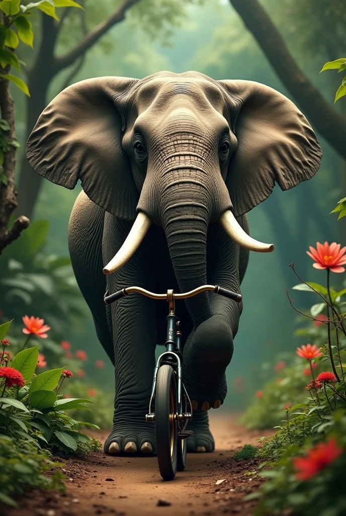 a realistic elephant riding a small bicycle, highly detailed, photorealistic, 8k, masterpiece, intricate details, beautiful colors, dramatic lighting, cinematic angle, ultra-detailed textures, lush environment, stunning realism, powerful presence, whimsical scene, vibrant palette, sharp focus, physically-based rendering
