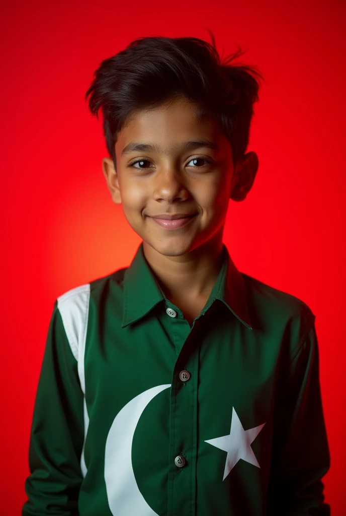 Create a professional picture for my LinkedIn profile a Pakistani boy red light in background and add Pakistani flag logo on shirt bright colours