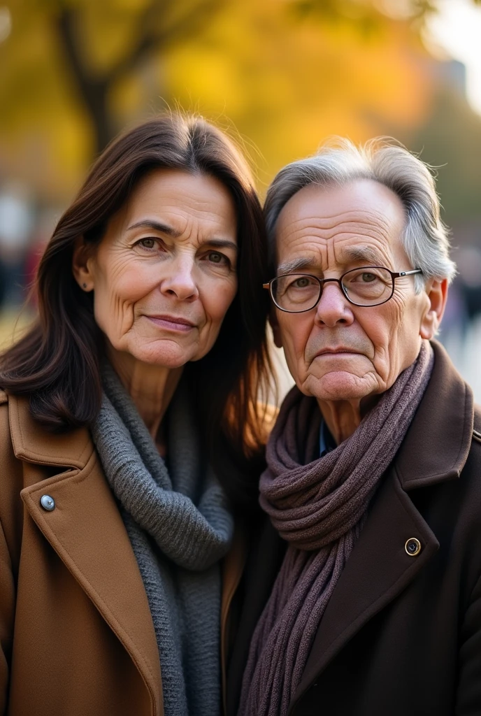 couple, 50 years old, serious, brown hair, side by side, not smiling, social photo, brown eyes