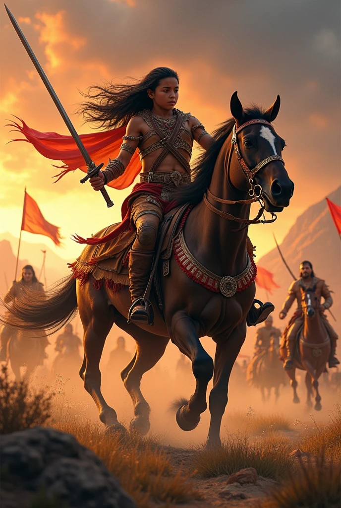 A younge age indian warrior on horse in battle field