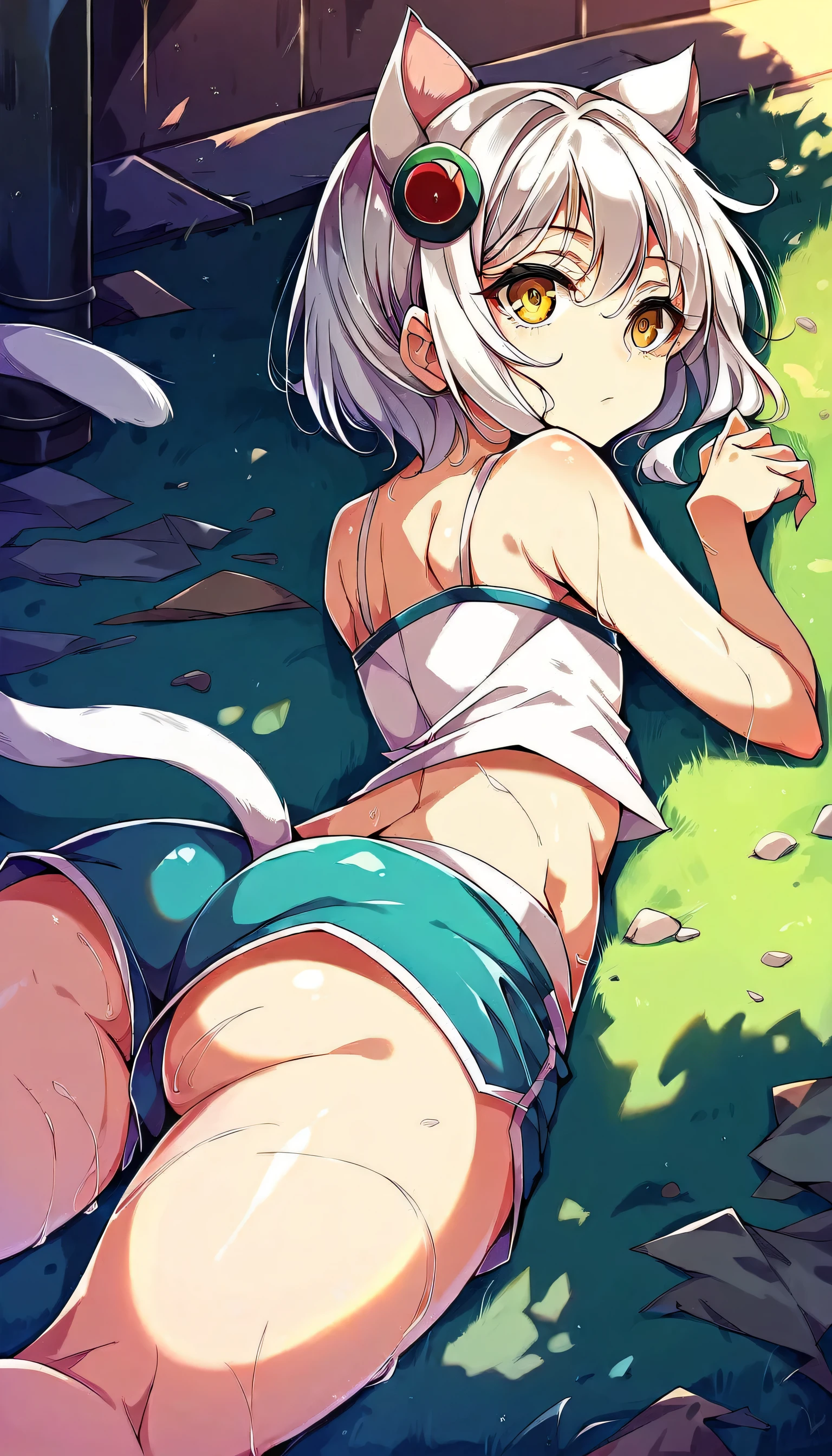 Perfect anatomy, Perfect color, best detailed body, Perfect illustration, masterpiece, ultra-detailed, 16K quality, ((koneko toujou)) ((small lolita soft curvy body)) ((micro extra tight gym shorts)) ((crop top spaghetti strap)) ((white cat ears)) ((cute small curvy puffy round ass)) ((alleyway)) ((cute)) ((expressionless)) ((flat chest)) ((tiny)) ((small)) ((yellow eyes)) ((hair ornament)) ((white hair)) ((short hair)) ((sweaty)) ((laying down flat on stomach on the ground)) ((flat on the ground))