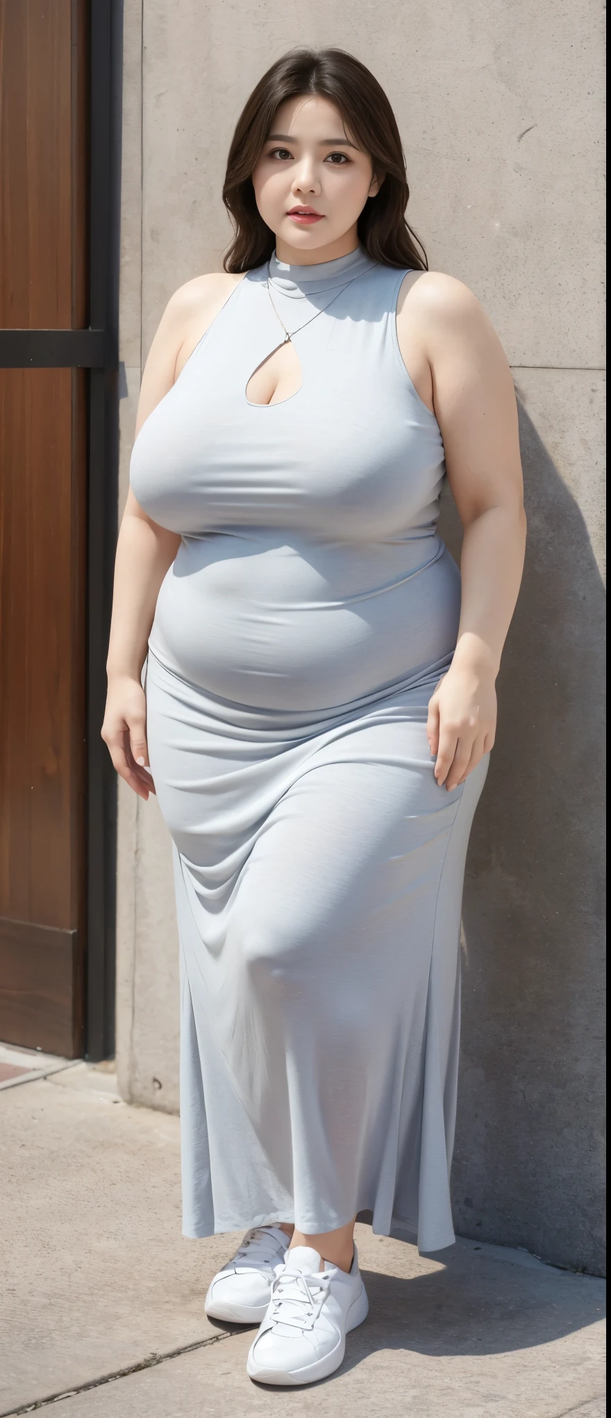 Chubby woman with fat belly and tight thighs, full body, 50-year-old mature woman, thick hips, thick neck, thick chest, big eyes, wearing a longest dress, wearing a sneakers
