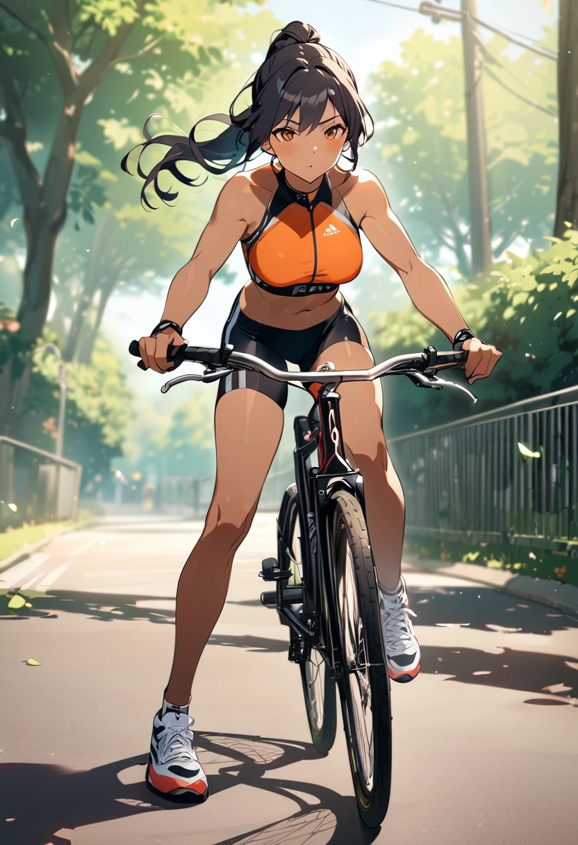 A girl riding a bicycle in the park, sportswear, speed lines, black hair, ponytail, Brown eyes, brown skin, athletic body, Full body shot, anime screenshot, masterpiece, The best quality, vivid colors, high quality, high resolution