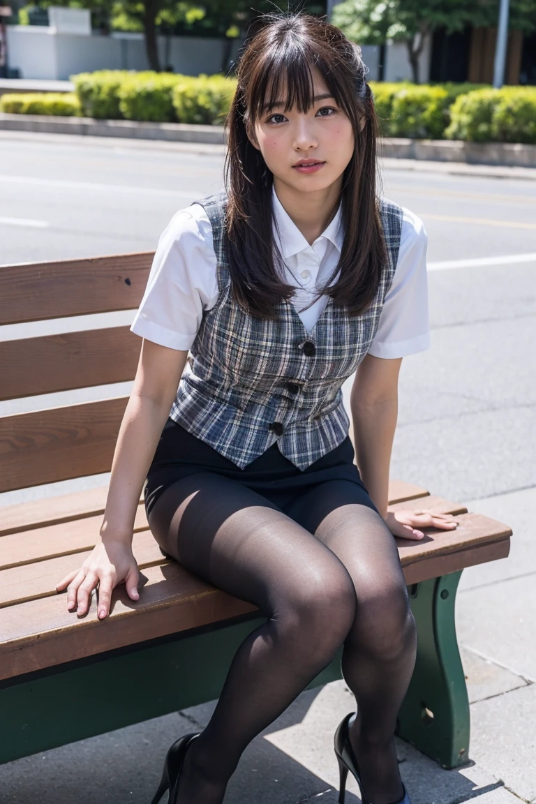 Urzan-6500-v1.1, (RAW Photos:1.2), (Realistic), (Genuine:1.4), １、Perfect ???????、42 years old、Looking into the camera、Medium Long Hair、Plaid vest、((Sit on a bench:1.3))、(Ultra-realistic pantyhose:1.2), (High heels)、(Business services)、