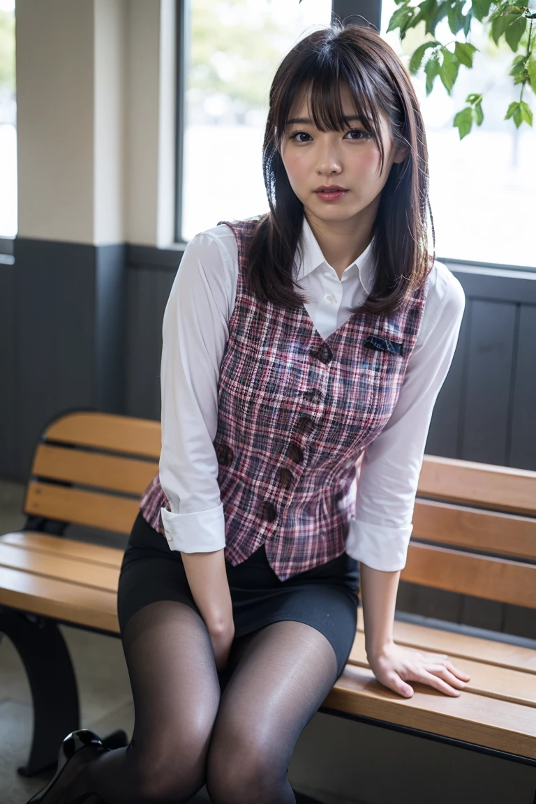 Urzan-6500-v1.1, (RAW Photos:1.2), (Realistic), (Genuine:1.4), 1、Perfect Anatomy、42 years old、Looking into the camera、Medium Long Hair、Plaid vest、((Sit on a bench:1.3))、(Ultra-realistic pantyhose:1.2), (High heels)、(Business services)、