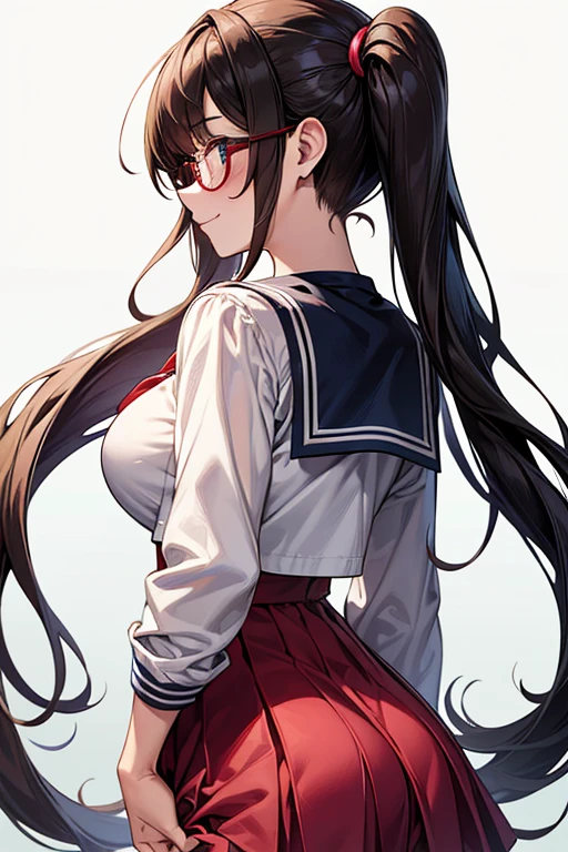 One person, High resolution, Long Hair, Gaze, smile, masterpiece, accurate, Highest quality, Ultra high definition, Large Breasts, Blushing, Simple Background, School、Sailor suit、uniform、high school girl、Twin tails, Back view, Wearing glasses
