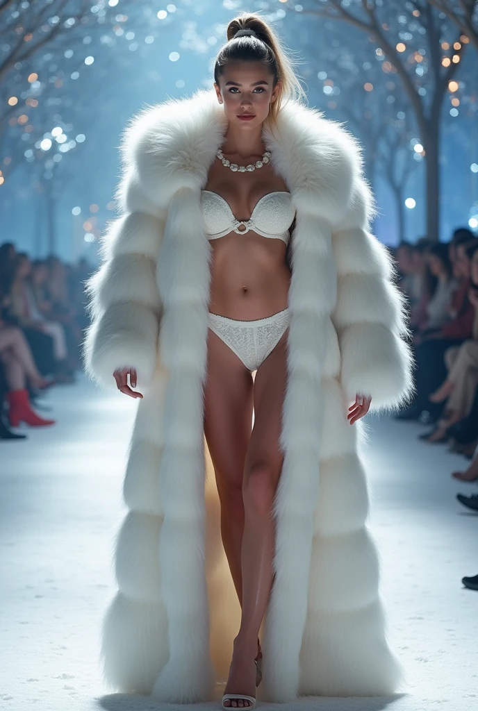 Very wide、Very thick, white mink fur coat, Thickness 100 cm, fluffy, Thick white mink fur collar, 3 floors、(Fur fashion show)、garter belt、naked、Nordic beauties、High ponytail、(full bust)、naked、sexy pose、(spread legs:1.3)