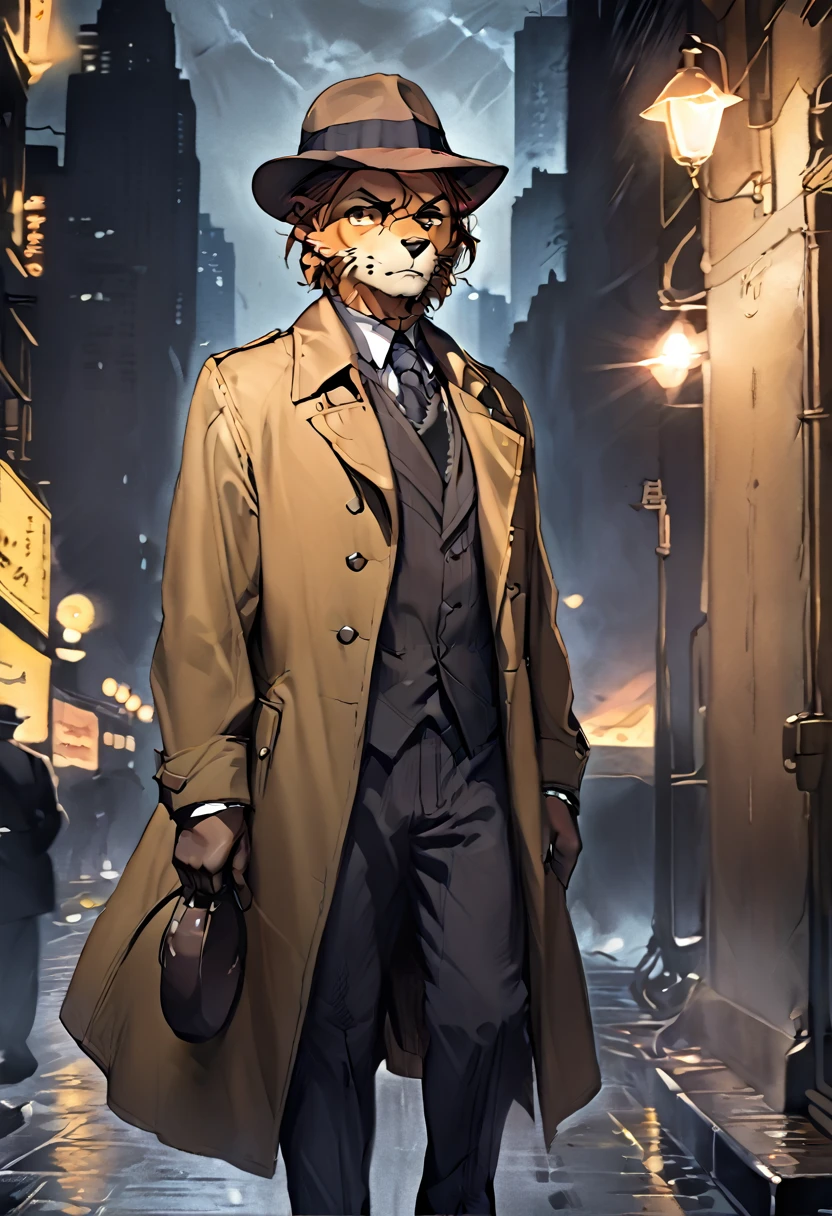 a anthropomorphic dog furry yellow detective buff,muscular wearing a detective outfit,brown trench-coat,scars,thick,30’s style. He’s androgynous, a sensual ,cool expression,full body.The scene has a cold,mysterious,Blacksad style and a vibrant tone.Diesel punk city setting in the background.