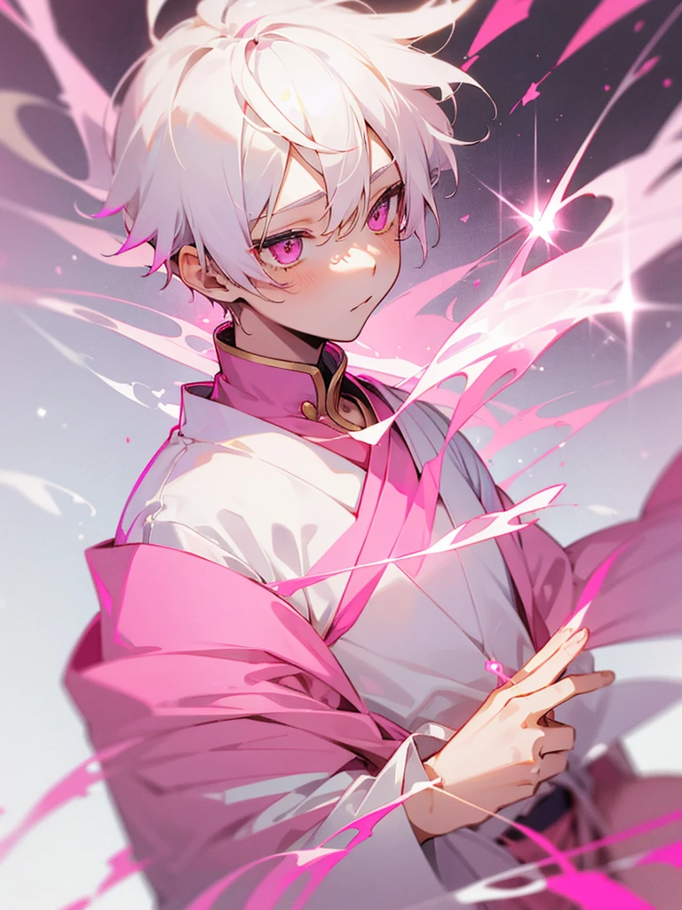 1 boy, pink and white Japanese suit, golden eyes, short hair, white hair, childish look, candy background, pink sparkles as decoration.