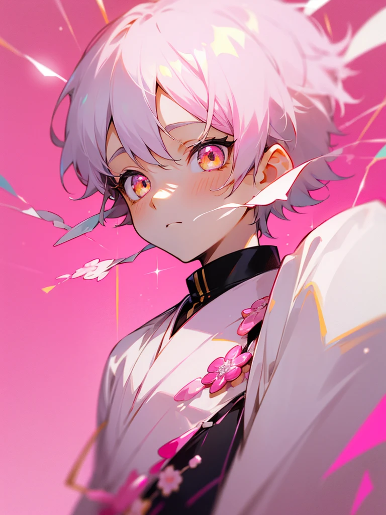 1 boy, pink and white Japanese suit, golden eyes, short hair, white hair, childish look, candy background, pink sparkles as decoration.