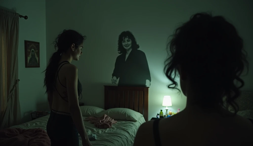 Character: Sunaina, mid-30s, standing in her bedroom, looking back at Abhi with a mix of fear and confusion. In the background, the shadow of the crispy old woman looms over Abhi, smiling eerily.
Background: The bedroom is dimly lit, with the curtains drawn and only a small bedside lamp providing light. The room is cluttered, reflecting Sunaina’s chaotic mental state. The shadowy figure of the woman adds a chilling element to the scene.