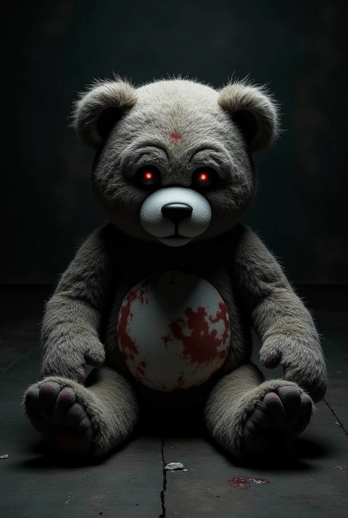 scary teddy bear is sad and very angry,many wounds on his body black background