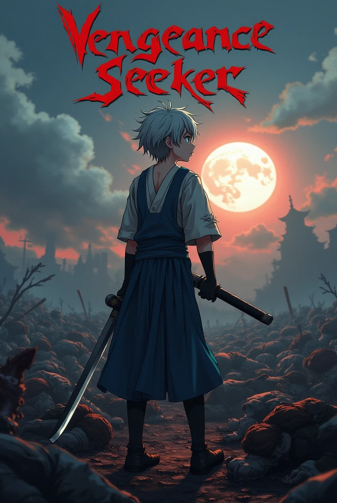 An anime boy leaning with his chin on a sword with the sword stuck to the ground and plenty dead bodies around and write bodily the words “vengeance seeker by tito”
